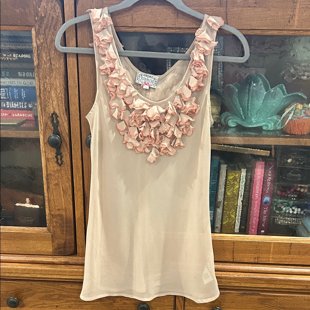 Yoana Baraschi Cream Sleeveless Blouse with Pink Ruffles